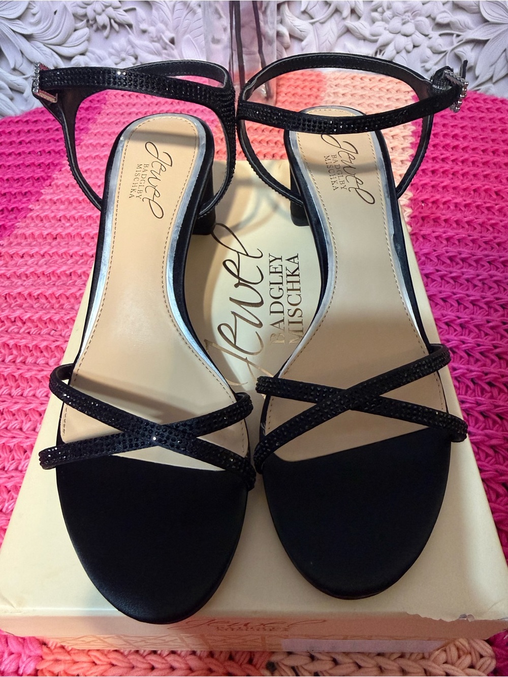 Jewel Badgley Mischka Black Sparkle Strappy Sandals
